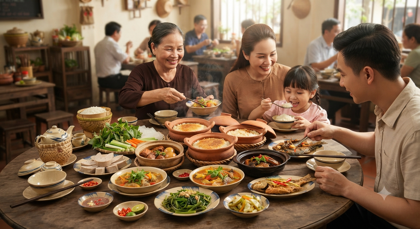 Sự phong phú của các món ăn kèm trong mâm cơm gia đình